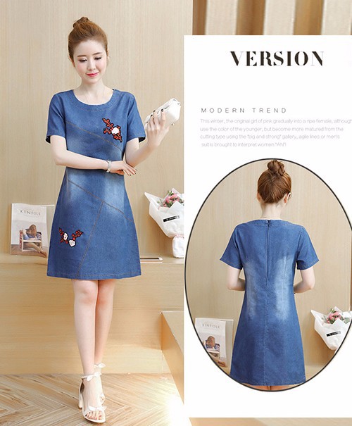 ĐÀM JEAN SUÔNG CỔ TRÒN THÊU HOA